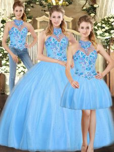 Baby Blue Three Pieces Tulle Halter Top Sleeveless Embroidery Floor Length Lace Up Quince Ball Gowns