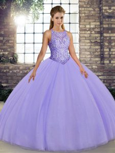 Best Selling Lavender Tulle Lace Up Scoop Sleeveless Floor Length 15 Quinceanera Dress Embroidery