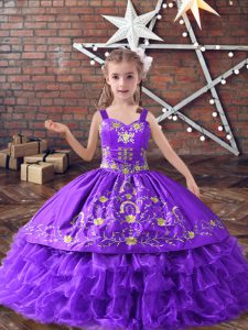 Lavender Straps Lace Up Embroidery and Ruffled Layers Child Pageant Dress Sleeveless