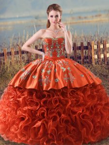 Orange Red Ball Gowns Fabric With Rolling Flowers Sweetheart Sleeveless Embroidery and Ruffles Floor Length Lace Up Quinceanera Gown Brush Train