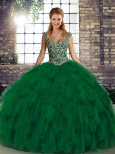 Low Price Sleeveless Organza Floor Length Lace Up Sweet 16 Dresses in Green with Beading and Ruffles