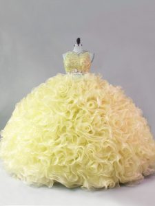 Free and Easy Floor Length Yellow Quinceanera Gown Fabric With Rolling Flowers Sleeveless Beading
