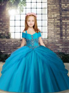 Discount Baby Blue Straps Neckline Beading Little Girl Pageant Gowns Sleeveless Lace Up