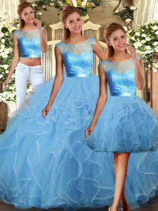 Baby Blue Three Pieces Scoop Sleeveless Tulle Floor Length Backless Lace and Ruffles Quince Ball Gowns