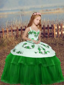 Green Ball Gowns Straps Sleeveless Tulle Floor Length Zipper Embroidery Kids Pageant Dress