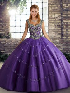 Purple Ball Gowns Beading and Appliques Quinceanera Dresses Lace Up Tulle Sleeveless Floor Length