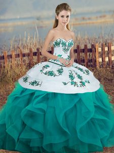 Floor Length Turquoise Ball Gown Prom Dress Sweetheart Sleeveless Lace Up