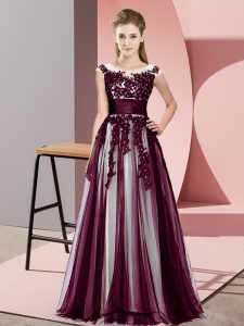Floor Length Dark Purple Quinceanera Court of Honor Dress Tulle Sleeveless Beading and Lace