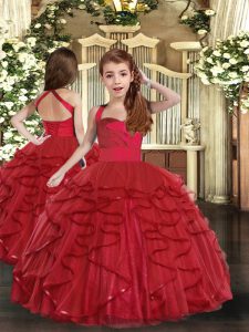 Custom Design Floor Length Lace Up Child Pageant Dress Red for Party and Wedding Party with Ruffles