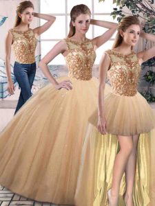Glorious Scoop Sleeveless Lace Up Quince Ball Gowns Gold Tulle