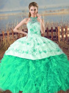 Glamorous Turquoise Sleeveless Embroidery and Ruffles Lace Up Sweet 16 Dress