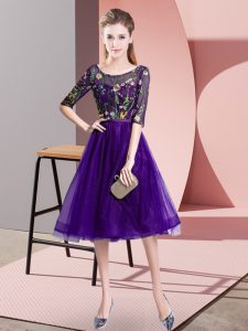 Low Price Empire Dama Dress Purple Scoop Tulle Half Sleeves Knee Length Lace Up
