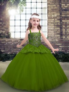 Cheap Straps Sleeveless Lace Up Kids Formal Wear Olive Green Tulle