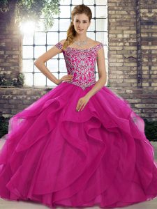 Off The Shoulder Sleeveless Tulle Quince Ball Gowns Beading and Ruffles Brush Train Lace Up