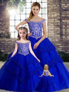 Charming Beading and Lace Ball Gown Prom Dress Royal Blue Lace Up Sleeveless Brush Train
