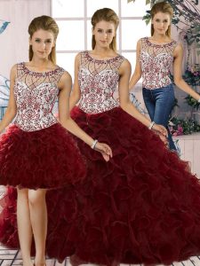 Extravagant Floor Length Lace Up Quinceanera Gown Burgundy for Military Ball and Sweet 16 and Quinceanera with Beading and Ruffles