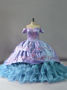 Traditional Ruffles Sweet 16 Dress Blue Lace Up Sleeveless Chapel Train