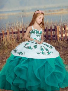 Admirable Sleeveless Floor Length Lace Up Kids Pageant Dress in Teal with Embroidery and Ruffles