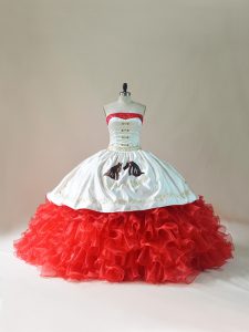 Fitting White And Red Ball Gowns Satin and Organza Strapless Sleeveless Embroidery and Ruffles Floor Length Lace Up Quinceanera Gowns Brush Train