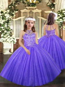 Custom Fit Lavender Tulle Lace Up Halter Top Sleeveless Floor Length Child Pageant Dress Beading and Ruffles