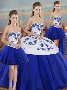 Sleeveless Floor Length Embroidery and Bowknot Lace Up Quinceanera Dress with Royal Blue