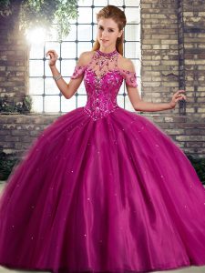 Fuchsia Lace Up Halter Top Beading Quinceanera Gowns Tulle Sleeveless Brush Train
