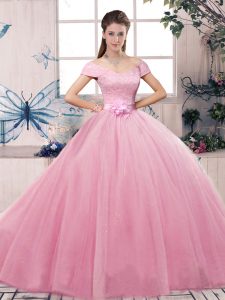 Latest Tulle Short Sleeves Floor Length Vestidos de Quinceanera and Lace and Hand Made Flower