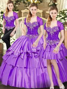 Lavender Three Pieces Organza and Taffeta Sweetheart Sleeveless Beading and Ruffled Layers Floor Length Lace Up Sweet 16 Quinceanera Dress