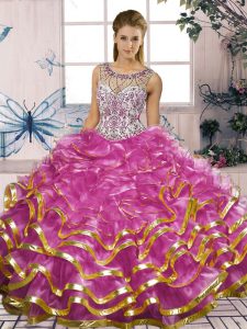 Fuchsia Ball Gowns Organza Scoop Sleeveless Beading and Ruffles Floor Length Lace Up Ball Gown Prom Dress