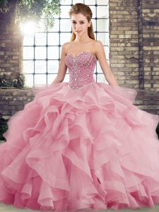 Pink Ball Gowns Beading and Ruffles Sweet 16 Quinceanera Dress Lace Up Tulle Sleeveless