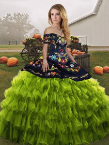 Flirting Olive Green Lace Up 15 Quinceanera Dress Embroidery and Ruffled Layers Sleeveless Floor Length