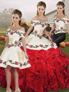 White And Red Lace Up Vestidos de Quinceanera Embroidery and Ruffles Sleeveless Floor Length