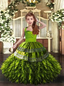 Wonderful Straps Sleeveless Little Girls Pageant Dress Wholesale Floor Length Ruffles Olive Green Organza