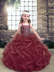 Burgundy Lace Up Little Girl Pageant Gowns Beading and Ruffles Sleeveless Floor Length