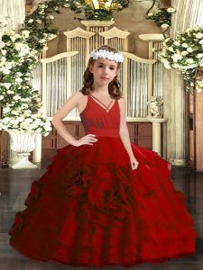 Excellent Red Organza Zipper Little Girl Pageant Gowns Sleeveless Floor Length Ruffled Layers