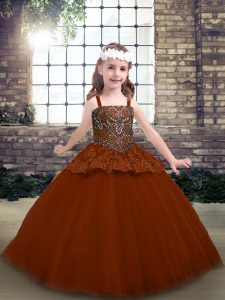 Beading and Lace Girls Pageant Dresses Rust Red Lace Up Sleeveless Floor Length