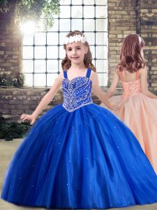 Popular Sleeveless Tulle Floor Length Lace Up Pageant Gowns For Girls in Royal Blue with Beading