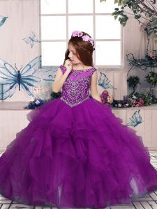 Purple Ball Gowns Beading Little Girls Pageant Dress Zipper Tulle Sleeveless Floor Length