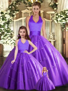 Sexy Purple Tulle Lace Up Halter Top Sleeveless Floor Length Sweet 16 Dress Beading