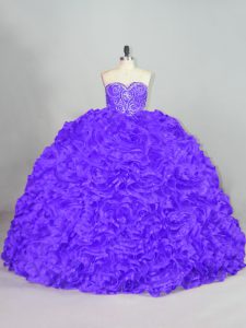 Purple Fabric With Rolling Flowers Lace Up Sweet 16 Dress Sleeveless Court Train Beading