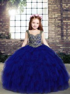 Best Royal Blue Beading and Ruffles Little Girls Pageant Gowns Lace Up Tulle Sleeveless