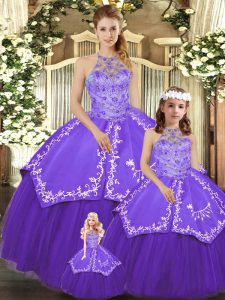 Stylish Floor Length Purple Sweet 16 Dress Satin and Tulle Sleeveless Beading and Embroidery