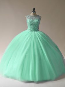Apple Green Ball Gowns Tulle Scoop Sleeveless Beading Floor Length Lace Up Sweet 16 Quinceanera Dress