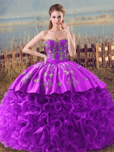 Eggplant Purple and Purple Fabric With Rolling Flowers Lace Up Sweet 16 Dresses Sleeveless Brush Train Embroidery and Ruffles