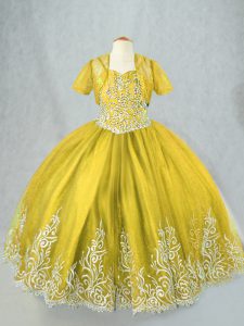 Exquisite Spaghetti Straps Sleeveless Lace Up Little Girls Pageant Dress Olive Green Tulle