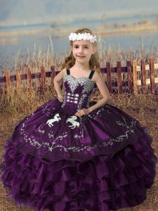 Dramatic Sleeveless Embroidery and Ruffled Layers Lace Up Little Girls Pageant Dress
