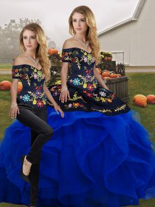 Tulle Off The Shoulder Sleeveless Lace Up Embroidery and Ruffles 15 Quinceanera Dress in Blue And Black