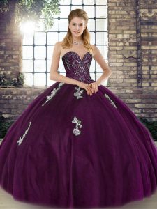 Floor Length Lace Up Quinceanera Gown Dark Purple for Military Ball and Sweet 16 and Quinceanera with Beading and Appliques