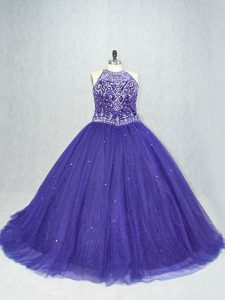 Purple Sleeveless Beading Lace Up 15 Quinceanera Dress
