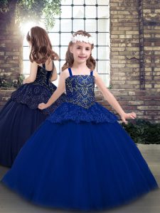 Ball Gowns Little Girl Pageant Gowns Blue Straps Tulle Sleeveless Floor Length Lace Up